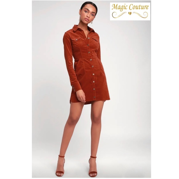 Free People Dresses & Skirts - Free People Dynomite Burnt Orange Corduroy Long Sleeve Dress🧡♥️🧡